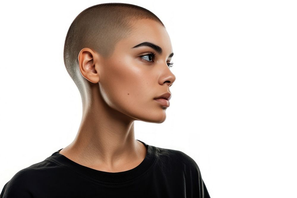 Hispanic young woman with skinhead or short hair portrait photography fashion.