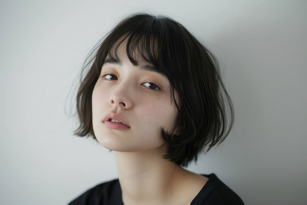 Japanese young woman with short wolf cut hair portrait photography skin.