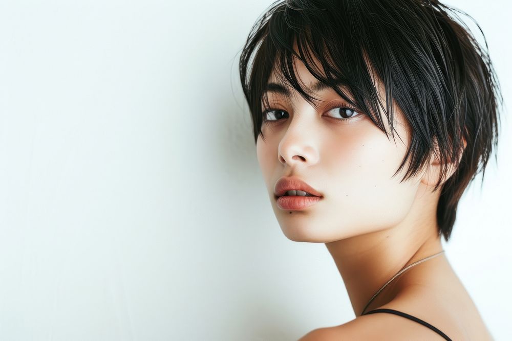 Japanese young woman with short wolf cut hair portrait photography fashion.