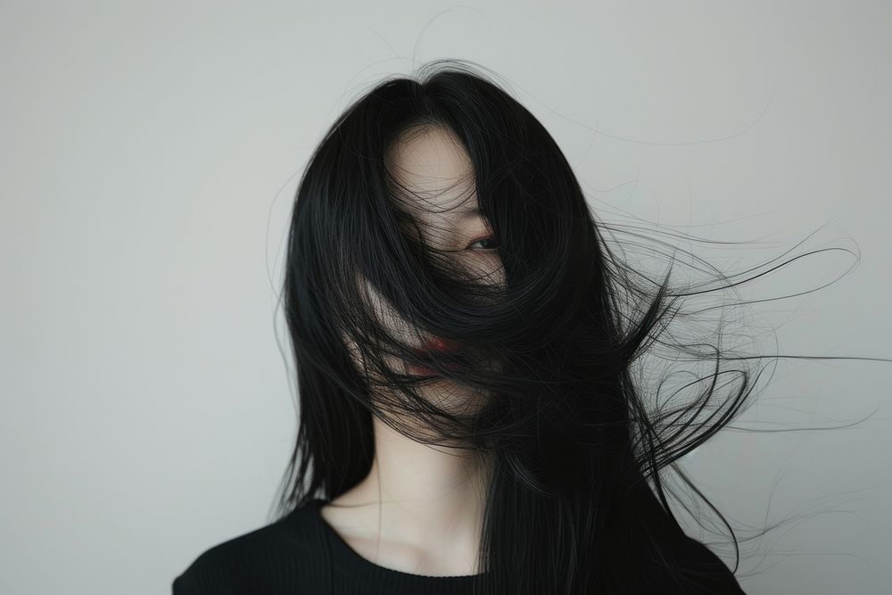 Korean young woman with black long hime hair portrait photography fashion.