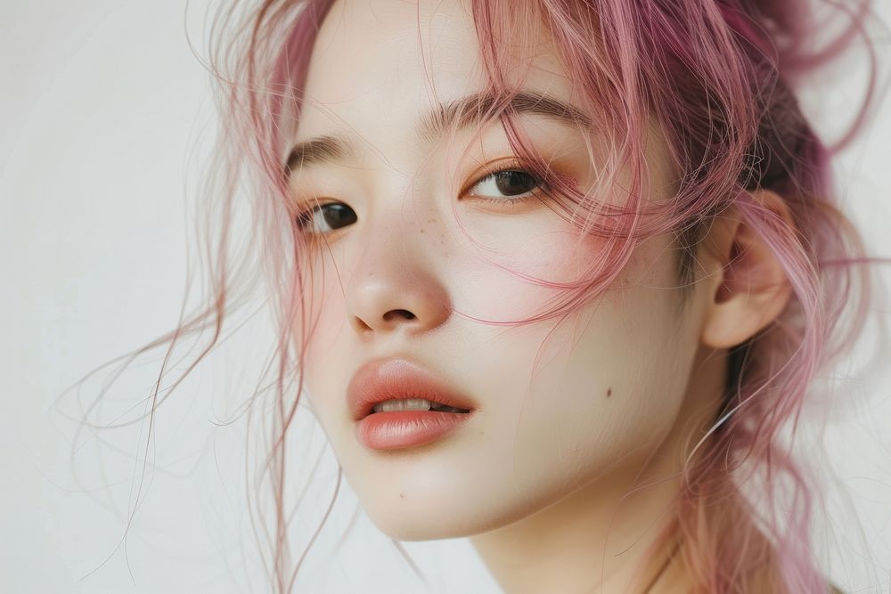 Korean young woman with light pink hair skin portrait fashion.