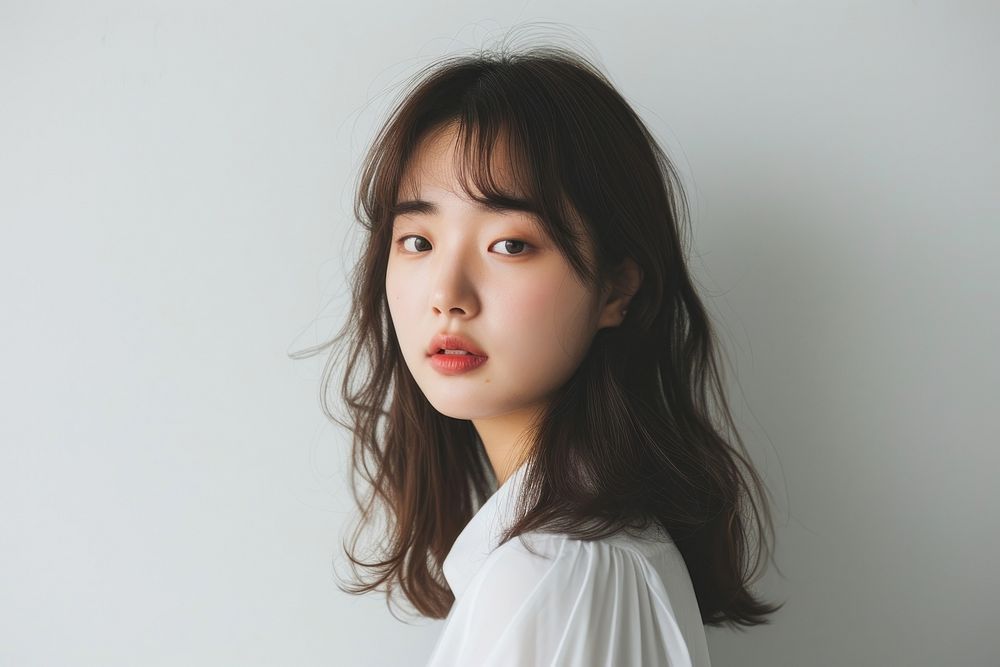 Korean young women curtain bangs hair portrait photography fashion.