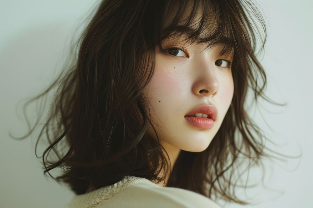 Korean young women curtain bangs hair portrait skin photography.