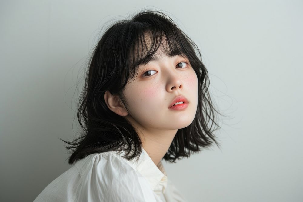 Korean young women curtain bangs hair portrait photography skin.