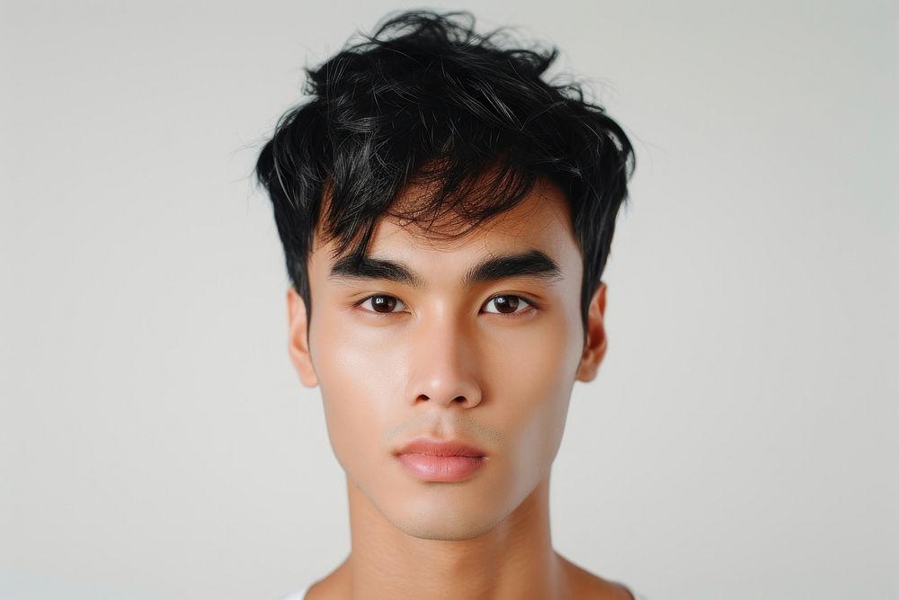 Thai young man with short wavy hair portrait photography skin.