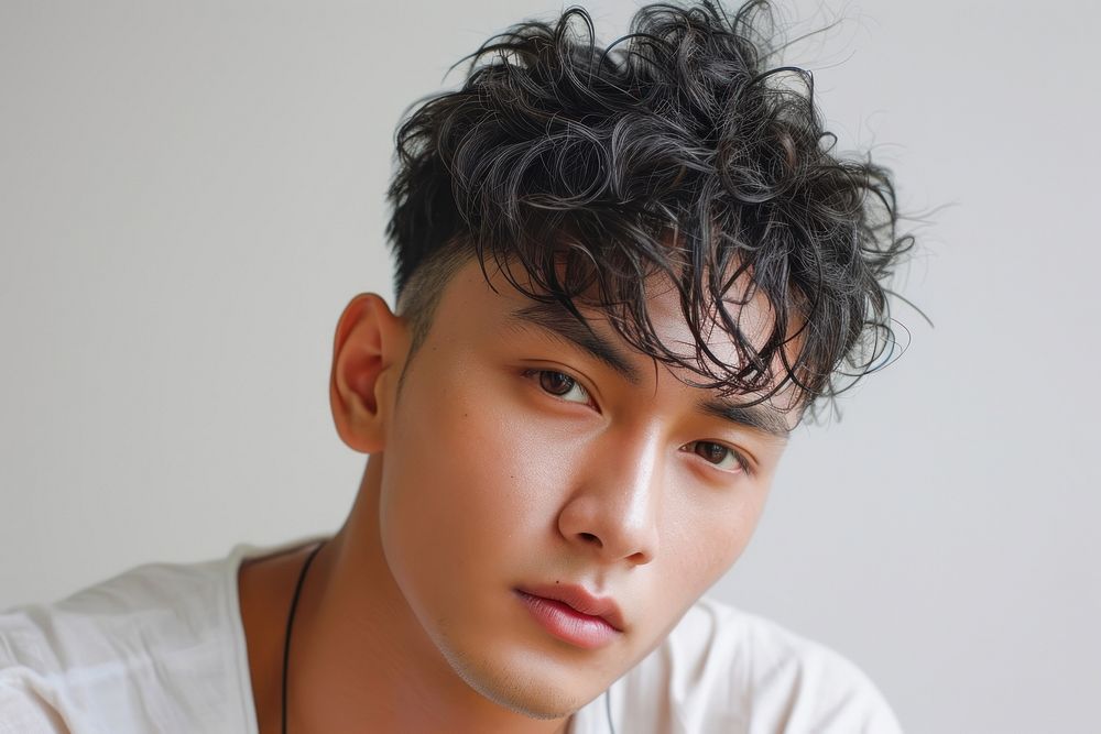 Thai young man with short wavy hair portrait head individuality.