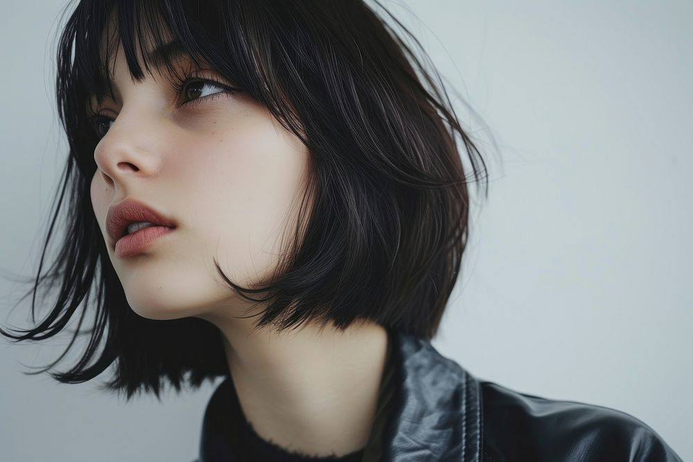 Young women Short And Midium Lenght bob with bangs hair portrait photography fashion.