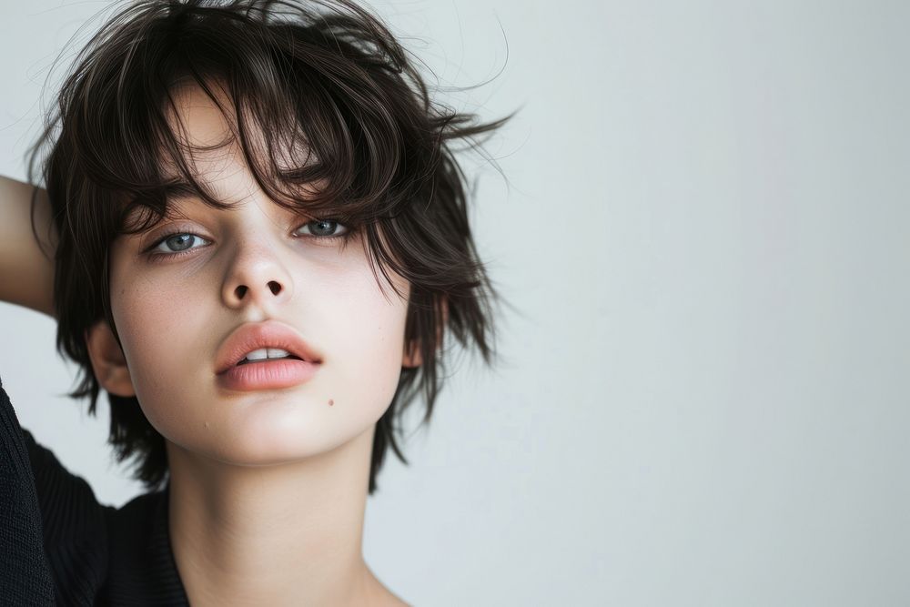 Young women wolf cut hair portrait photography fashion.
