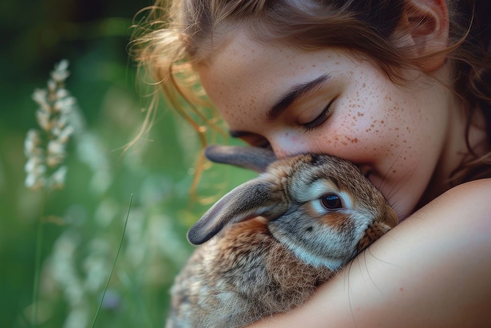 Women hugging a rabbit photography portrait outdoors.