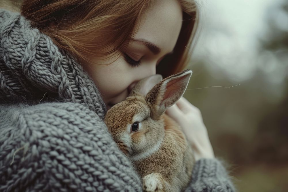 Women hugging a rabbit outdoors animal mammal.