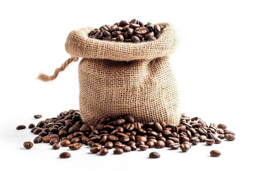Coffee and coffee beans sack bag white background.