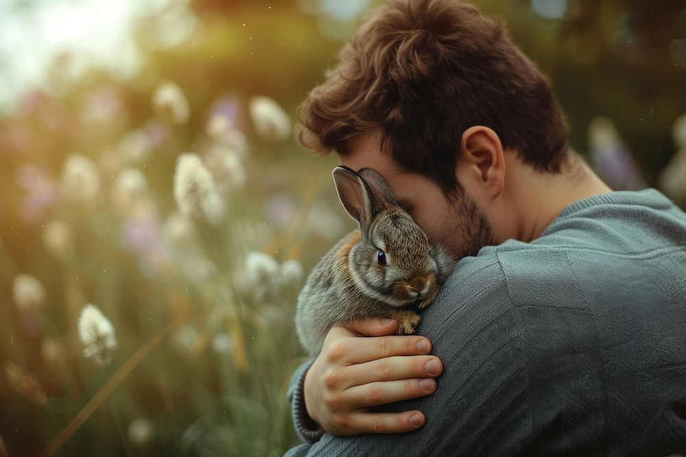 Men hugging a rabbit photography portrait outdoors.