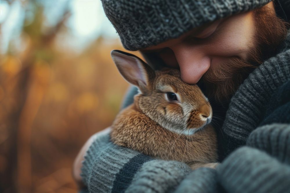 Men hugging a rabbit photography outdoors animal.