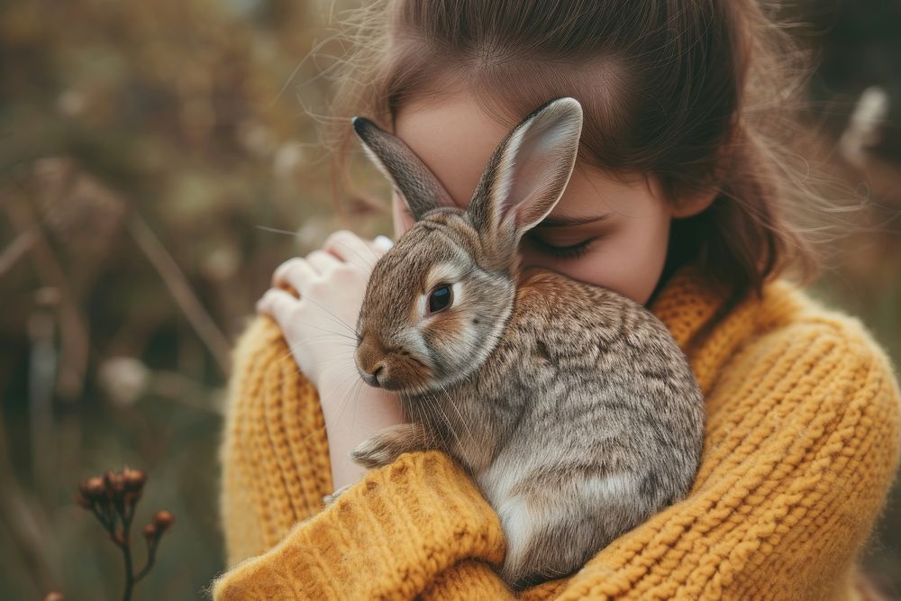 Person hugging a rabbit outdoors animal rodent.