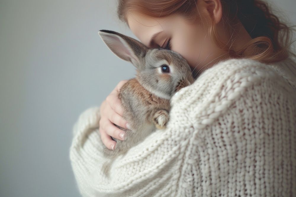 Person hugging a rabbit animal mammal embracing.