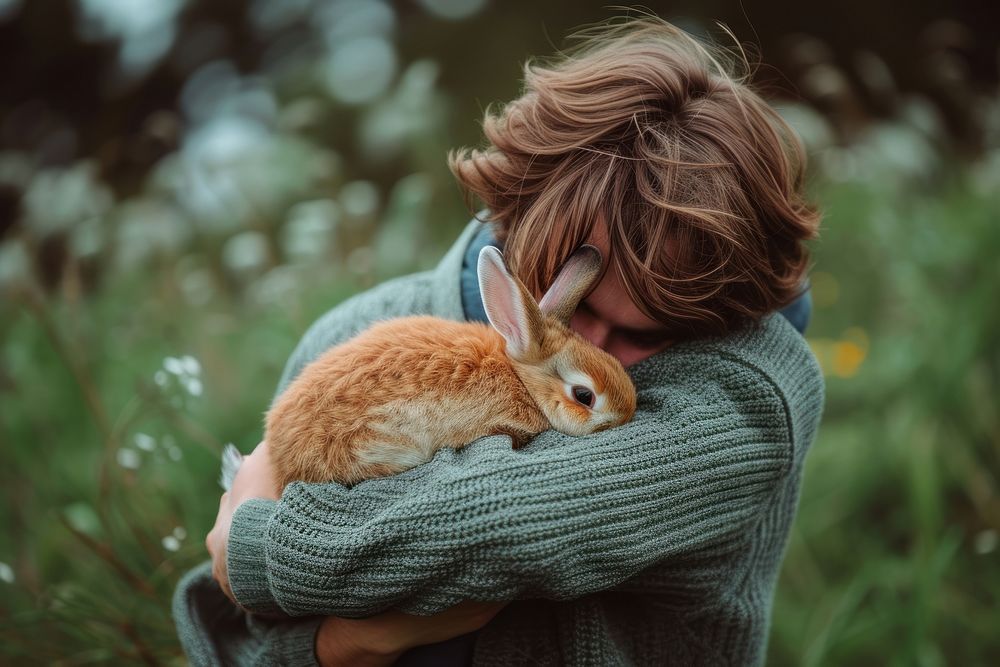 Person hugging a rabbit outdoors animal mammal.