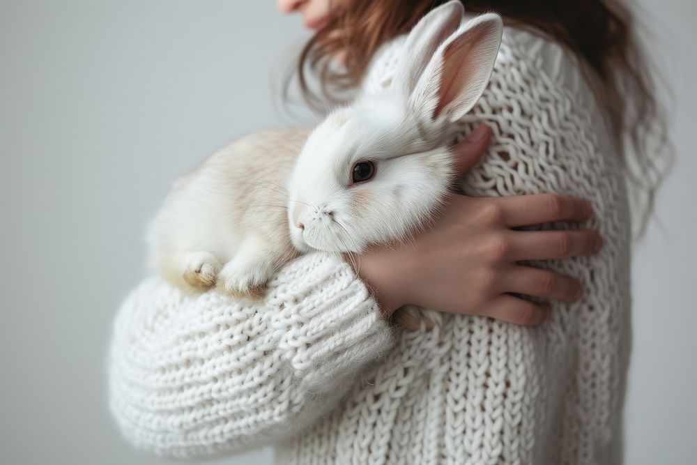 Person hugging a rabbit animal mammal pet.