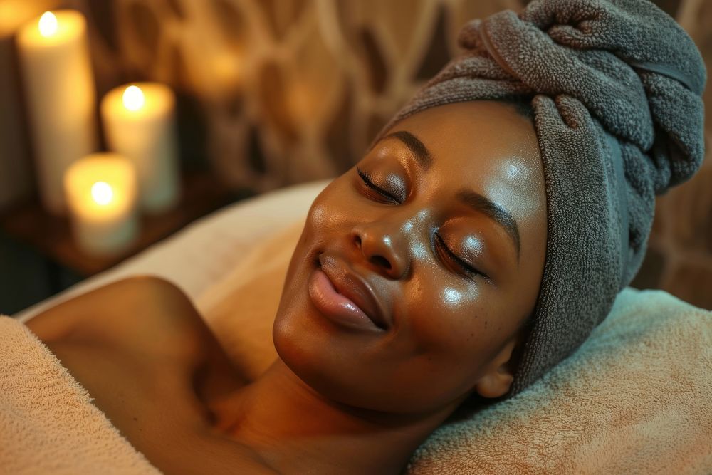 Black South African woman spa comfortable relaxation.