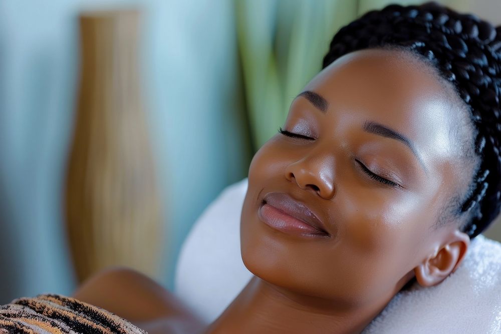 Black South African woman adult skin relaxation.