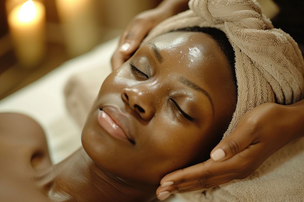 Black South African woman adult spa relaxation.