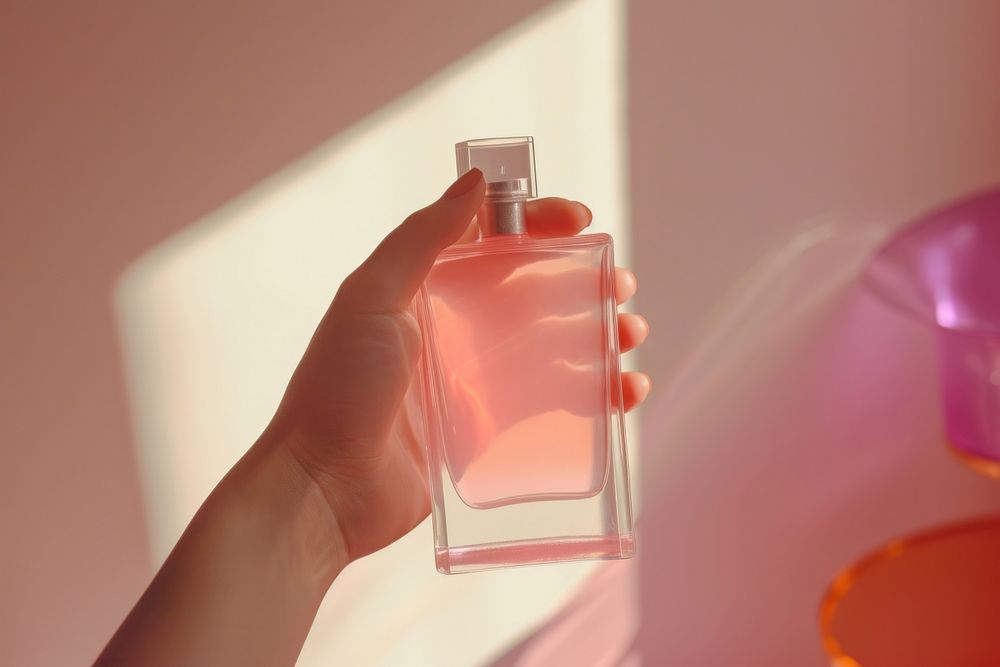 Hand holding perfume cosmetics bottle pink.
