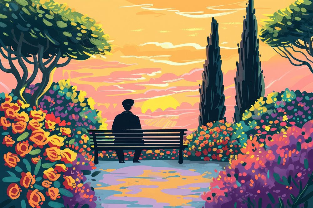 Man sitting on a bench painting outdoors nature.