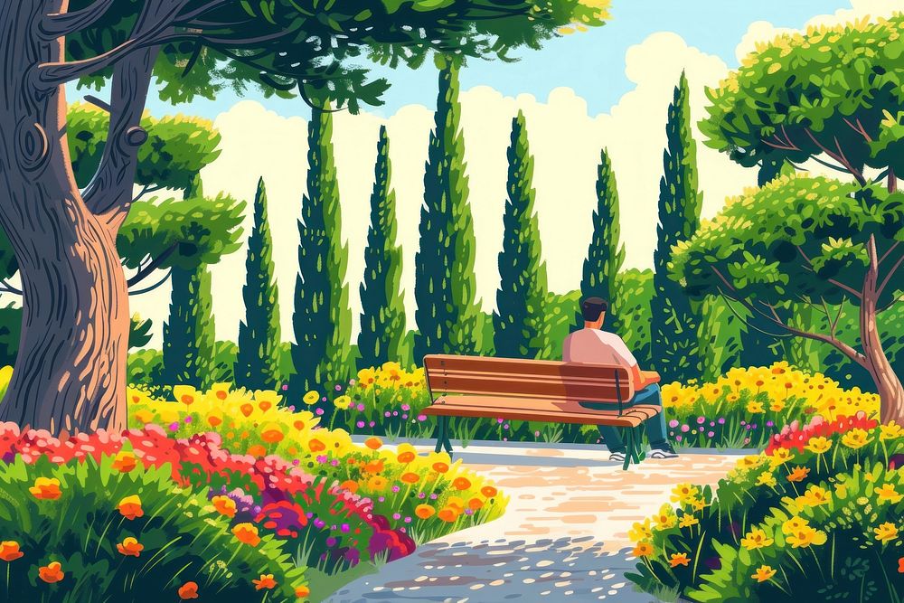 Man sitting on a bench flower tree park.