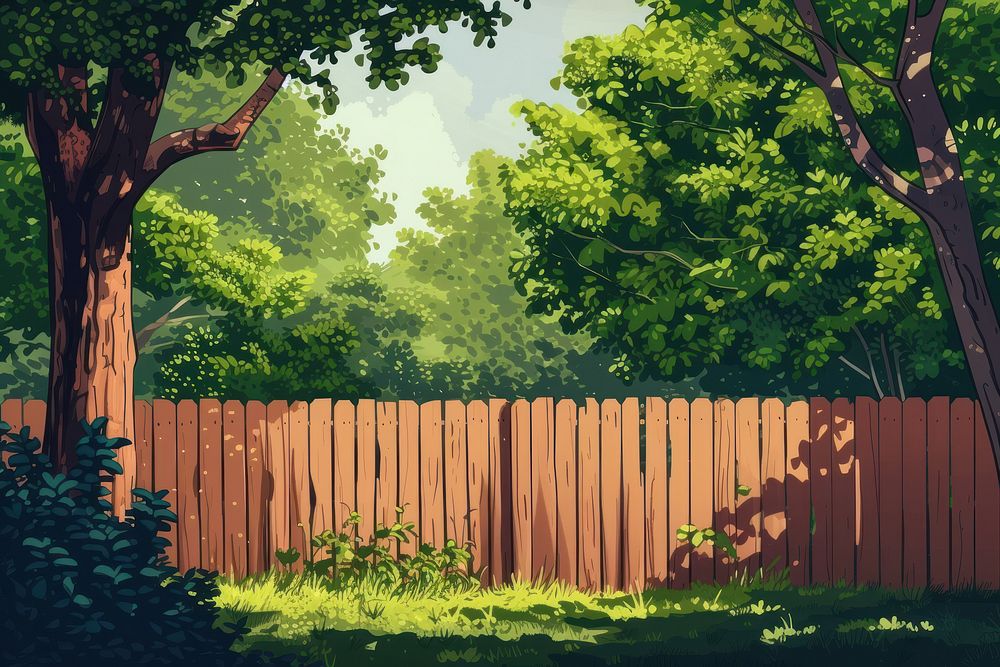Backyard wooden fence tree outdoors nature.