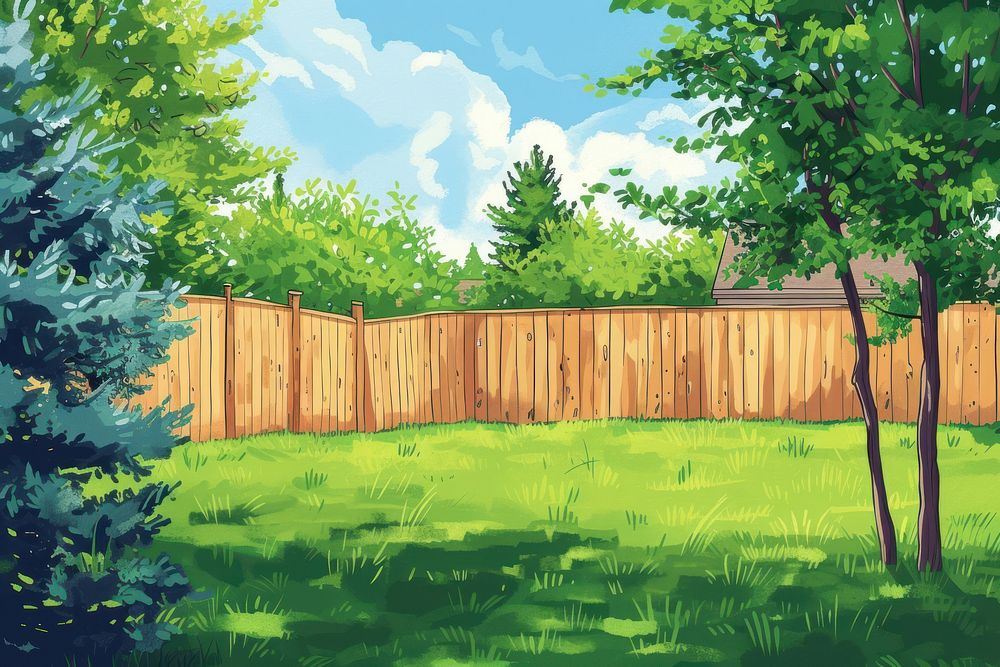 Backyard wooden fence tree outdoors nature.