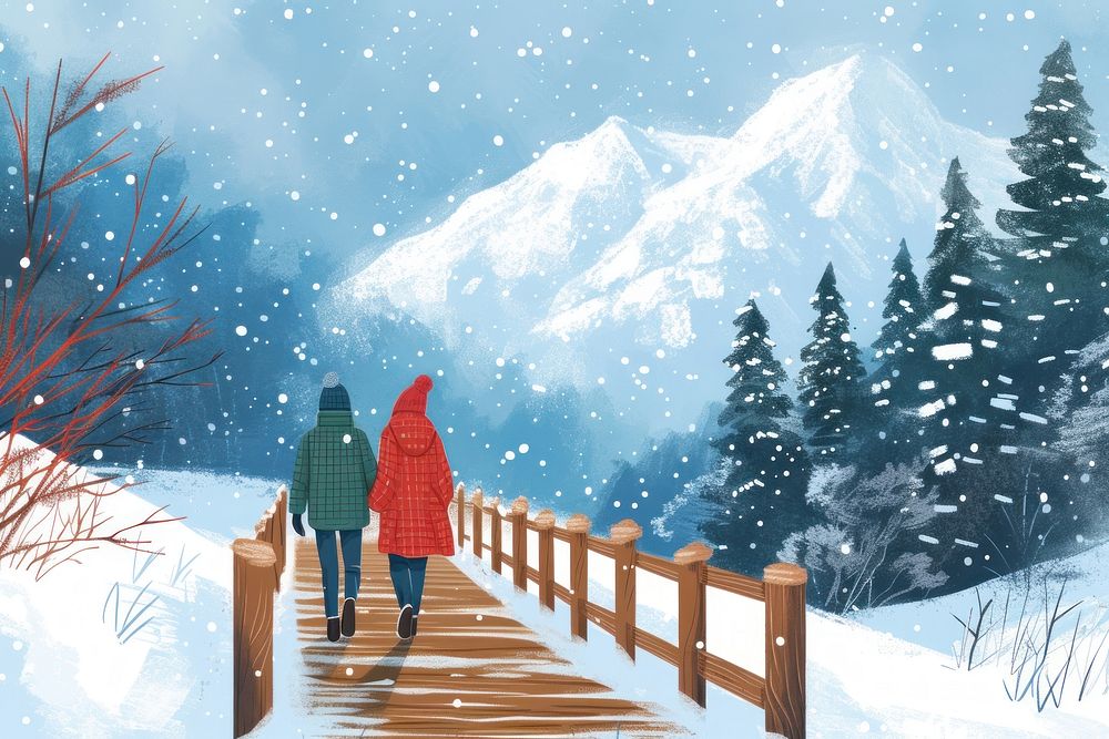 Couple walking on a wooden bridge snow mountain outdoors.