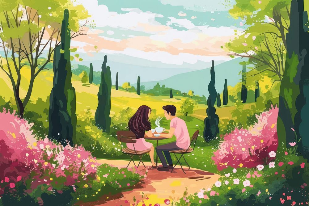 Couple drinking tea in the park painting outdoors nature.