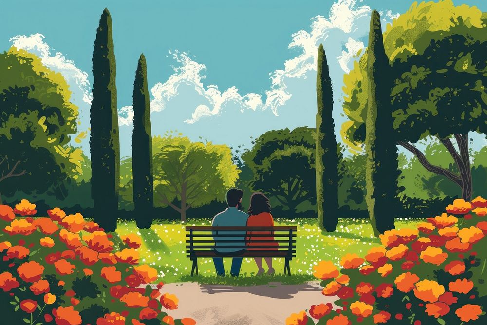 Couple sitting on the bench in the park flower outdoors nature.