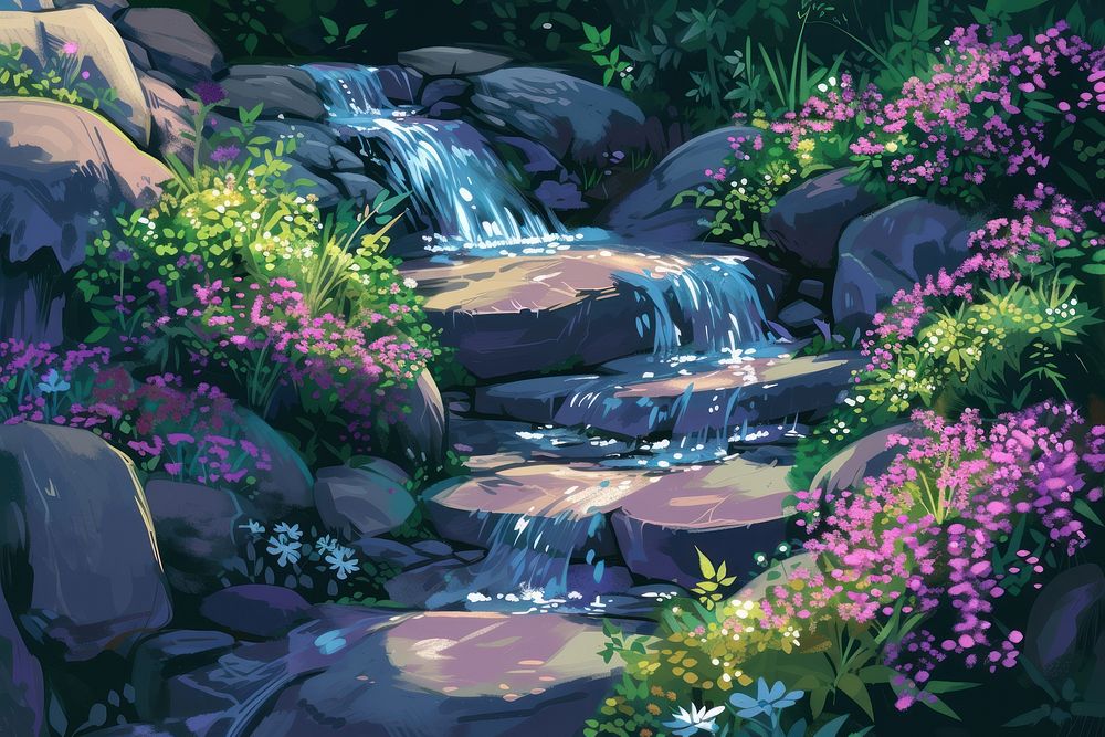 Small rocky waterfall flower outdoors nature.