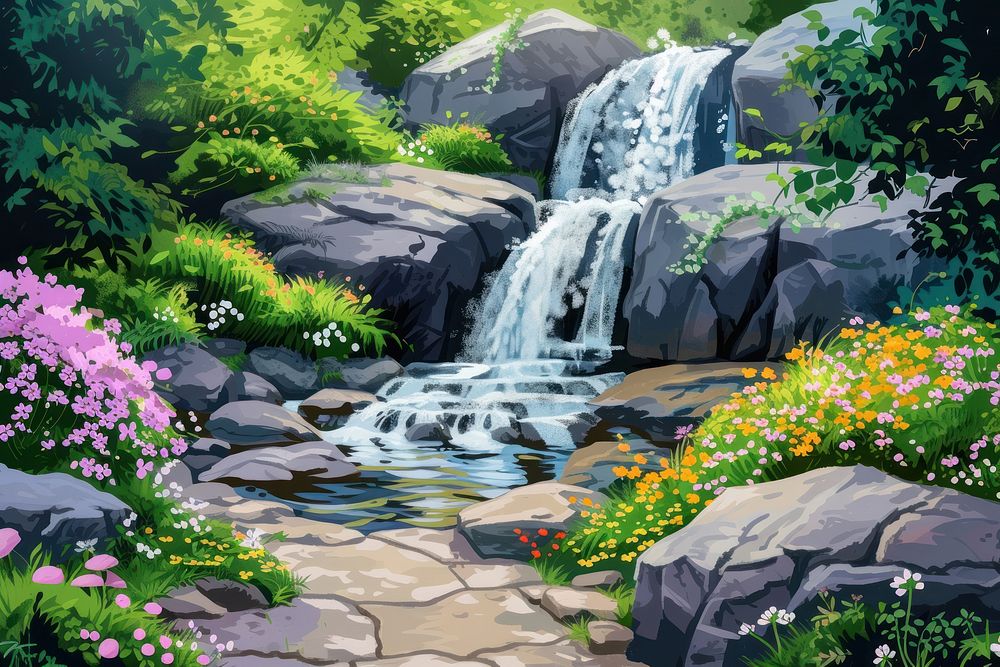 Small rocky waterfall flower outdoors nature.