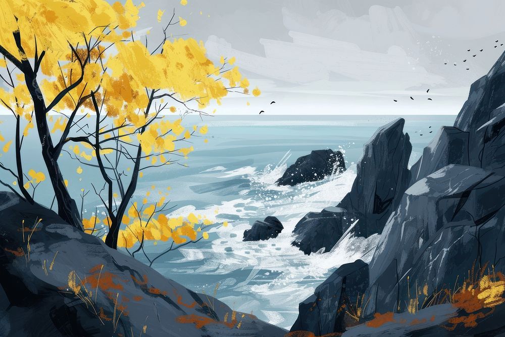 Landscape coast outdoors painting.