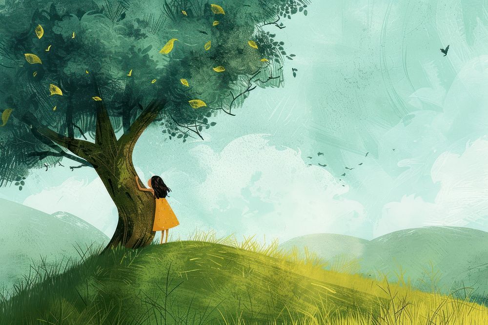 A girl hugging a oak tree grass outdoors cartoon.