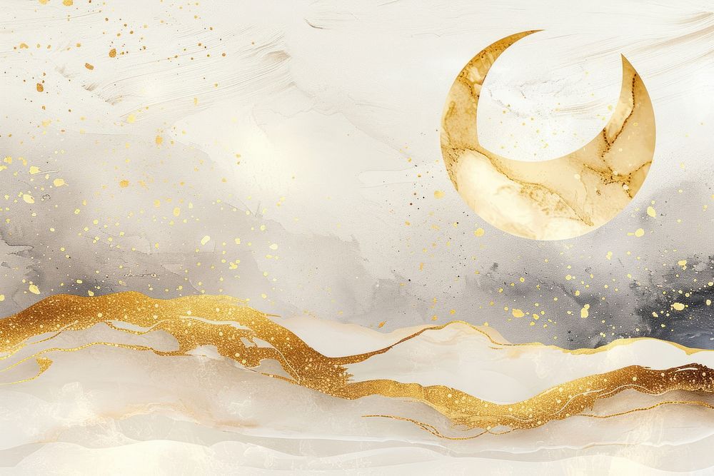 Watercolor background moon of Eid Mubarak gold backgrounds nature.