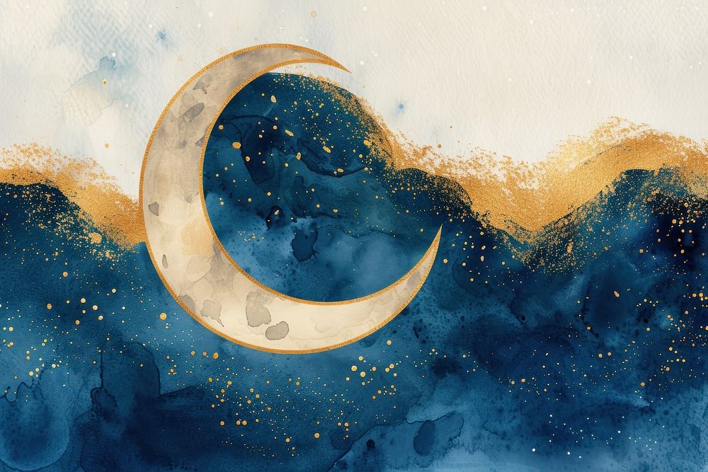 Watercolor background moon of Eid Mubarak astronomy painting outdoors.