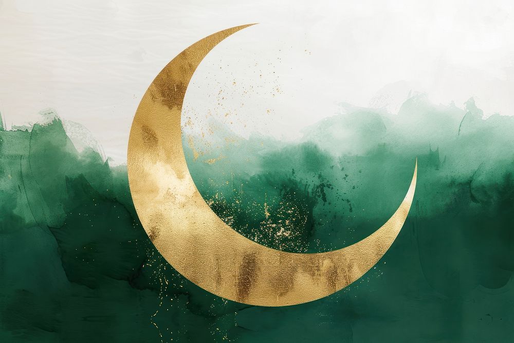 Watercolor background moon of Eid Mubarak outdoors nature green.