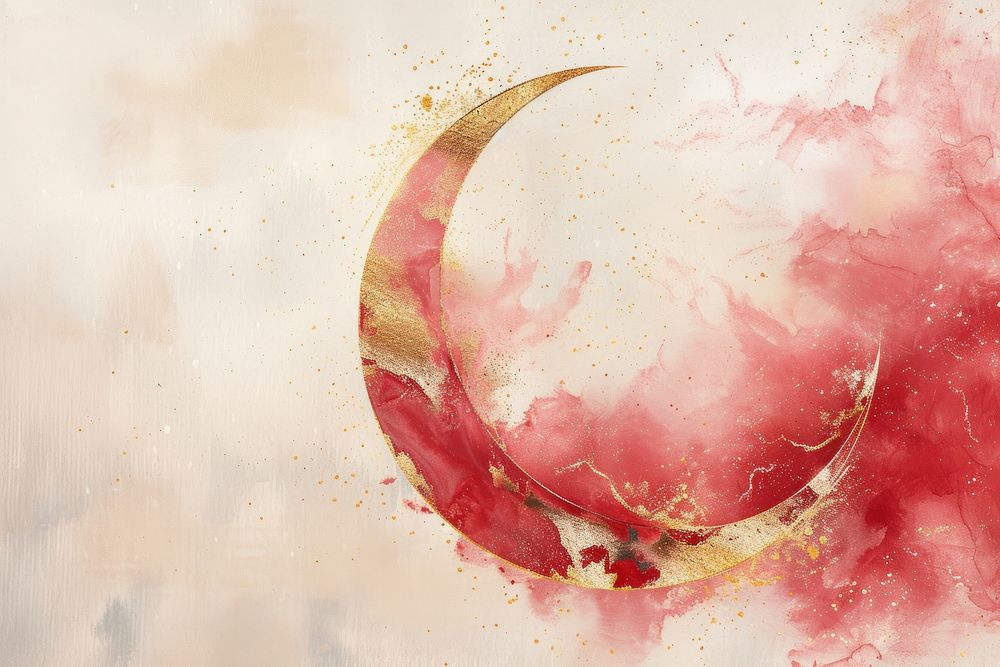 Watercolor background moon of Eid Mubarak painting red splattered.