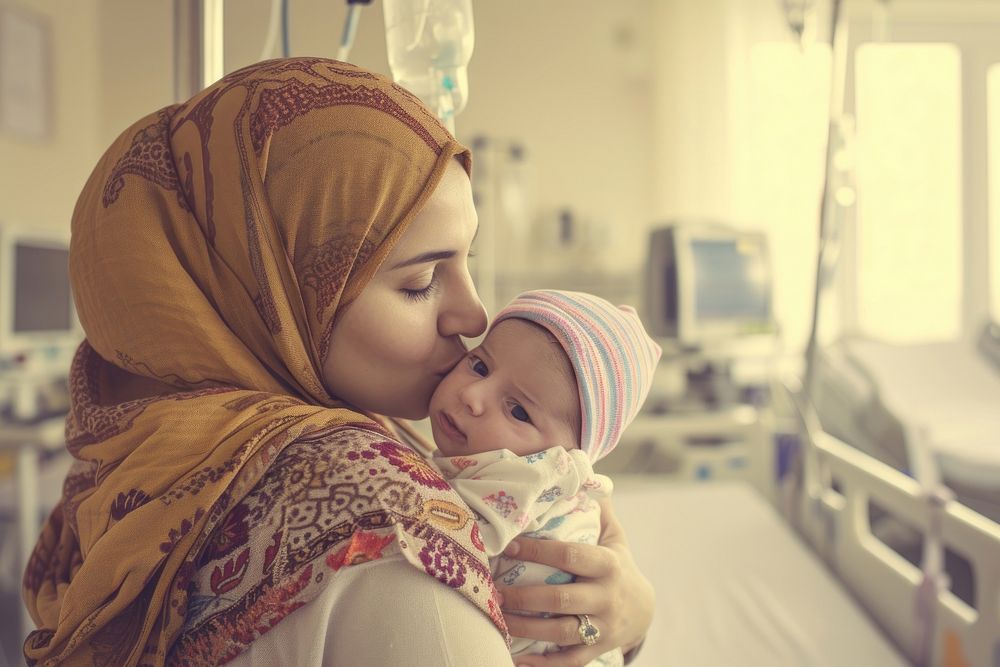 Middle eastern mom kissing new baby born hospital smiling adult.