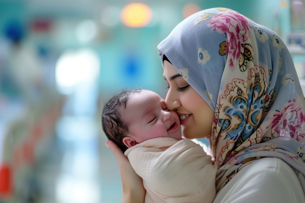 Middle eastern mom kissing new baby born portrait newborn smiling.