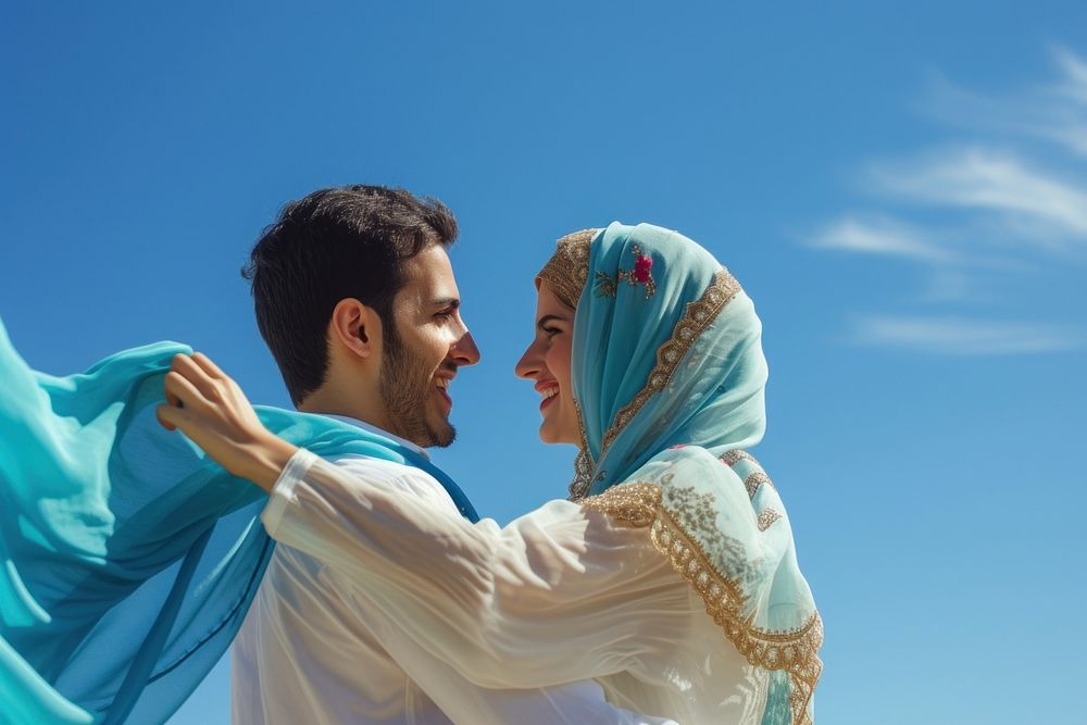 Middle eastern couple dancing smiling adult scarf.