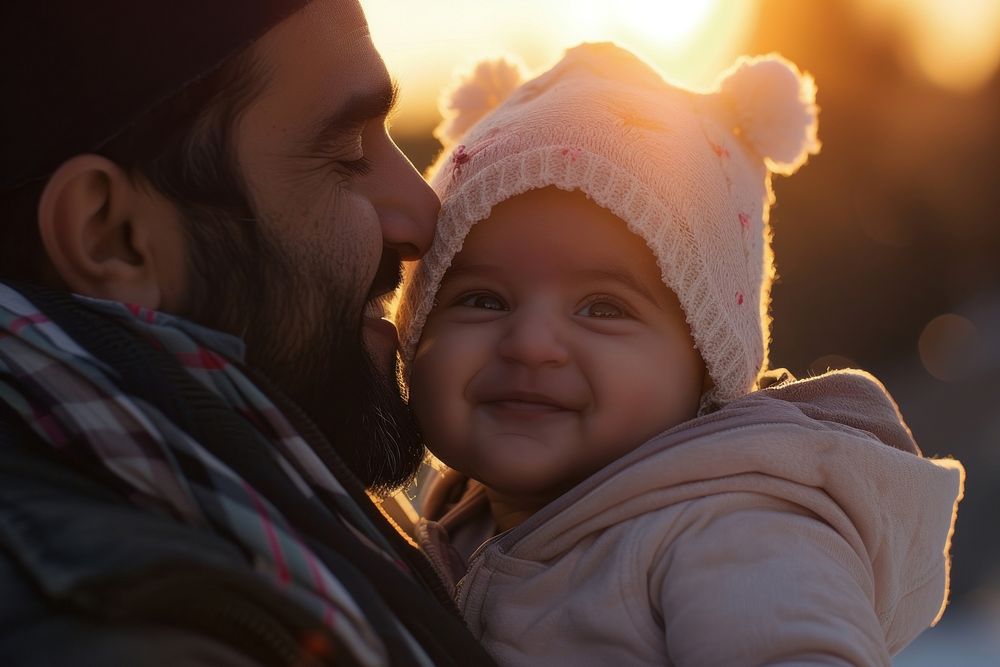 Middle eastern dad kissing new baby born portrait outdoors smiling.