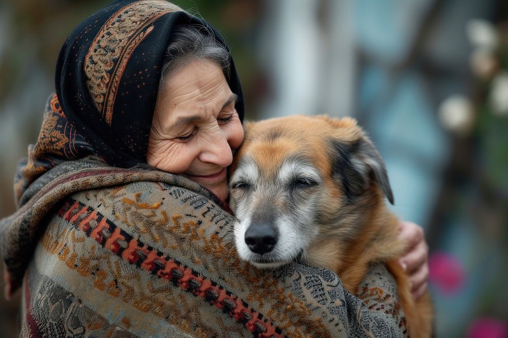 Middle eastern woman hugging elderly dog portrait smiling adult.