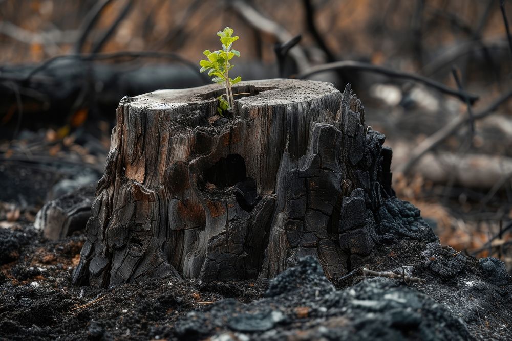 Dead tree stump is seen with a tree growing plant deforestation landscape.