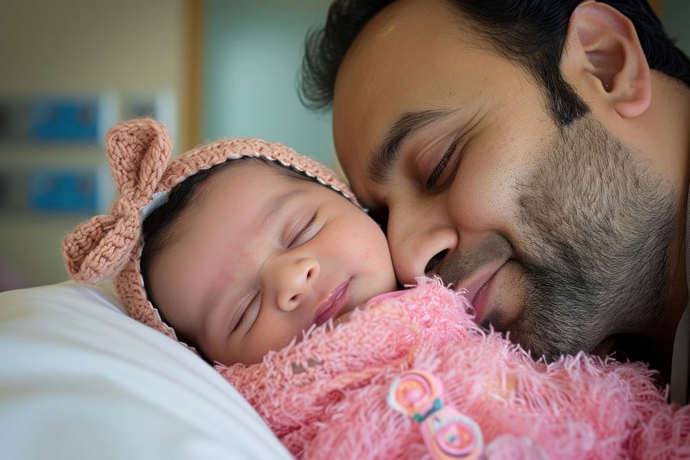 Middle eastern dad kissing new baby born sleeping portrait newborn.