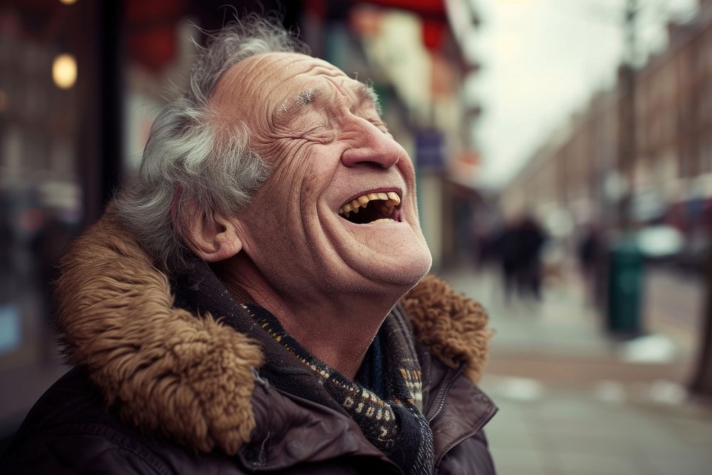 Old british man laughing shouting adult.