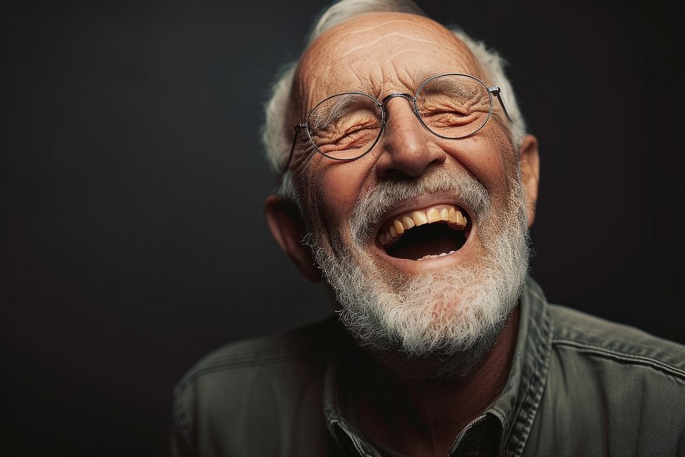 Old british man laughing glasses adult.