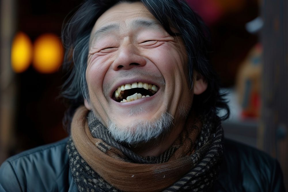 Japanese man laughing adult homelessness.
